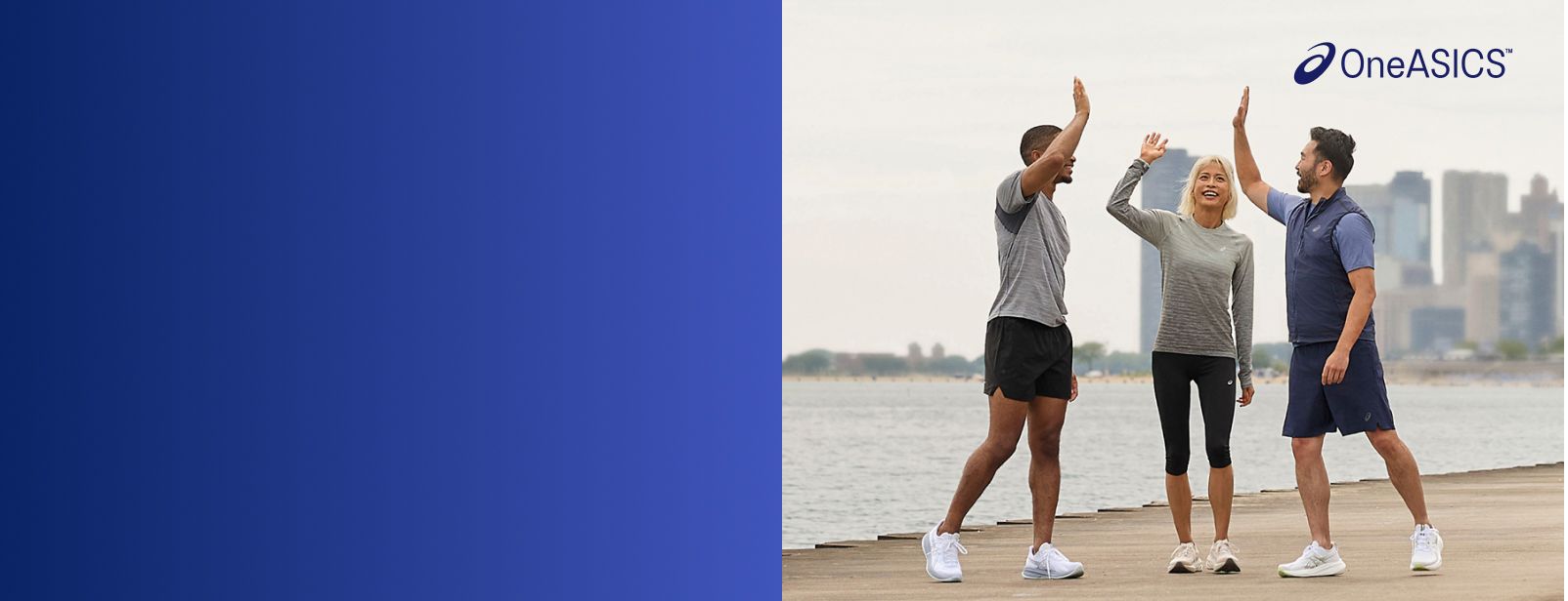 OneASICS Logo and group of 3 runners celebrating with a high-five
